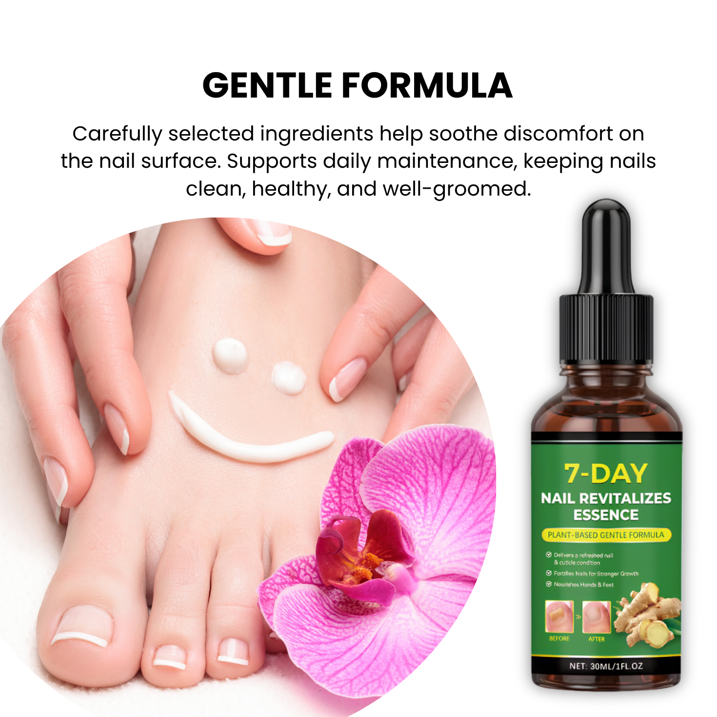 Healthy toenails after using Sevune nail renewal serum with pink orchid flower